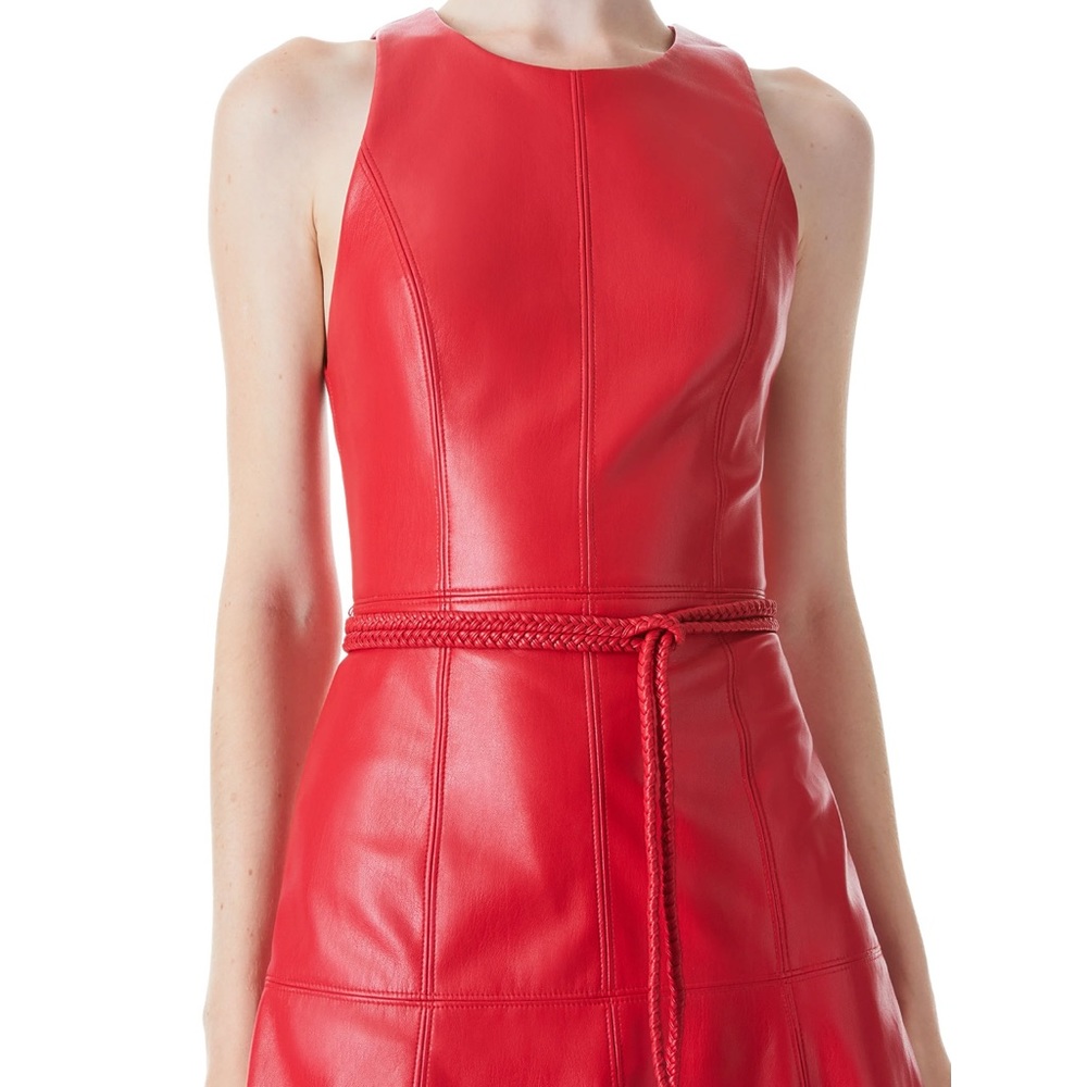Alice + Olivia Leandra Red Vegan Leather Tie Waist Mini Dress - Picture 5 of 16